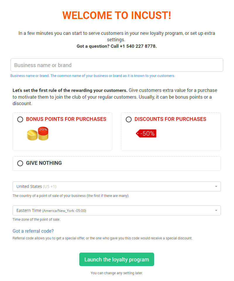 Registration of your loyalty program in the inCust service Registration of your loyalty program in the inCust service